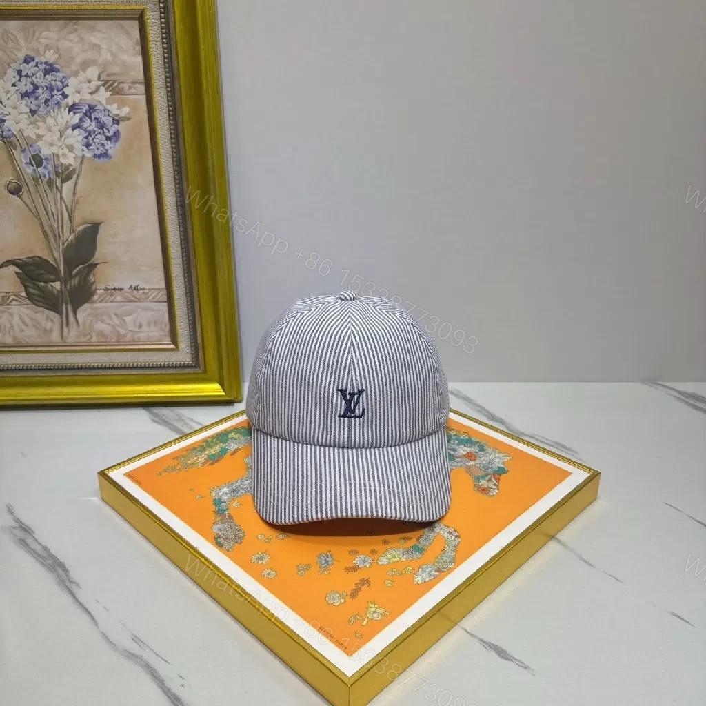 View 7 of Striped Linen-Look Cap with Subtle Monogram Motif