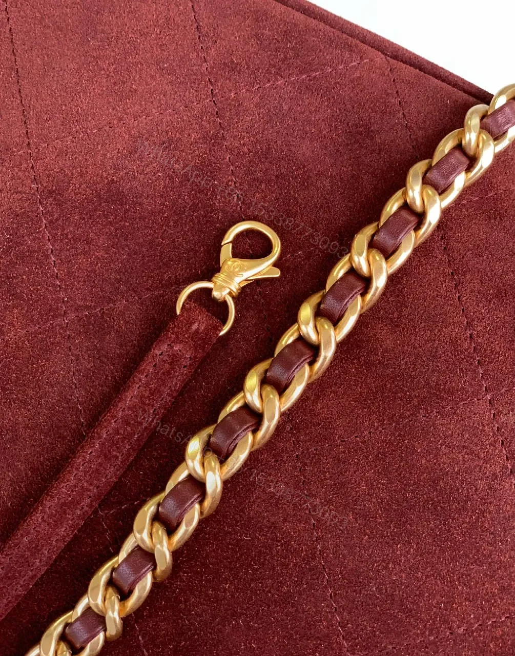 View 6 of Burgundy Suede Quilted Hobo with Gold Hardware