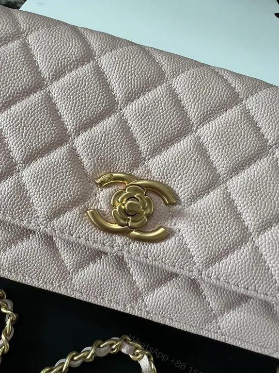 View 9 of Chic Quilted Blush Pebbled Leather Bag with Gold Logo - Shoulder Style