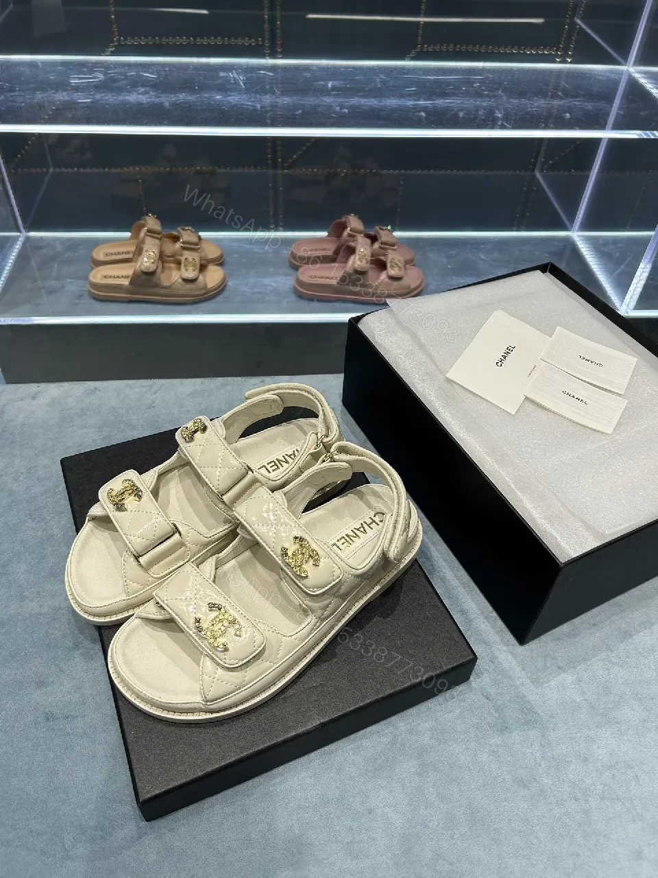 View 8 of Neutral Leather Quilted Sandals with Velcro Straps, Comfortable Luxury