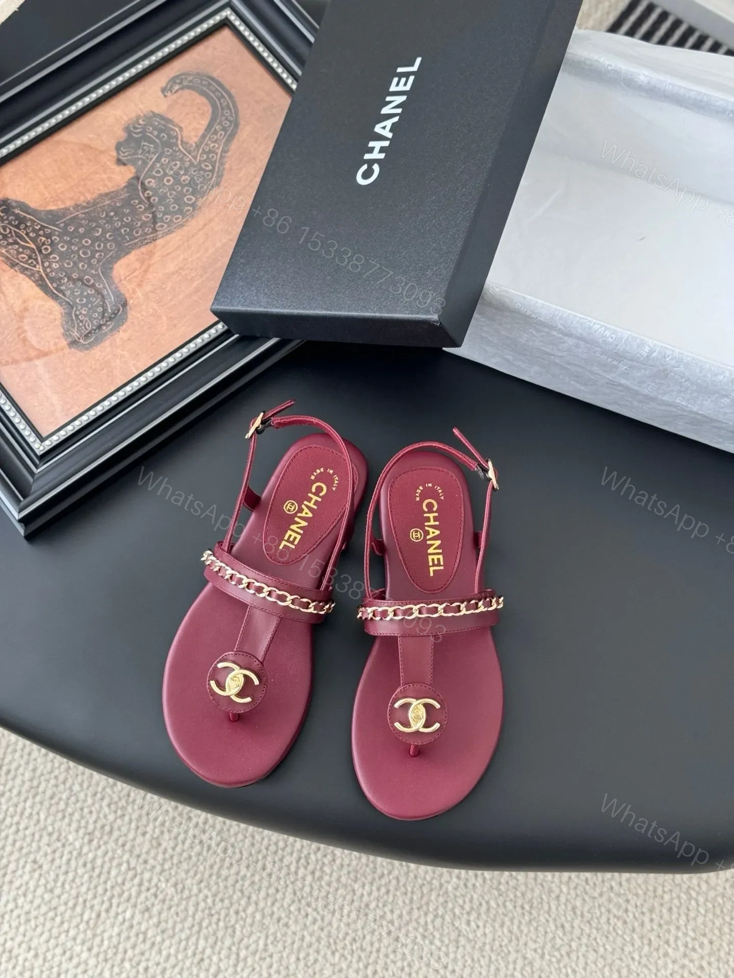 Chanel Women Burgundy Leather Sandals — view 1
