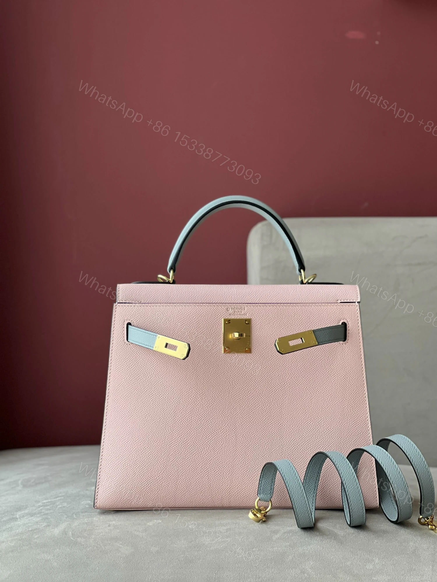 View 2 of Hermes Kelly 25 Rose Sakura & Gris Perle Chèvre Epsom Leather Gold Hardware