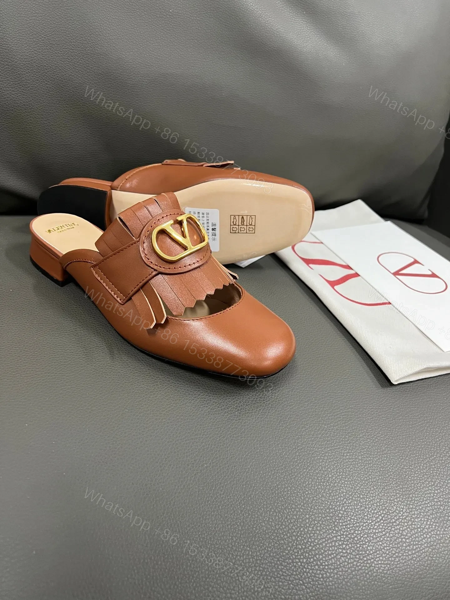 View 3 of Valentino Women Brown Leather Fringe Mules