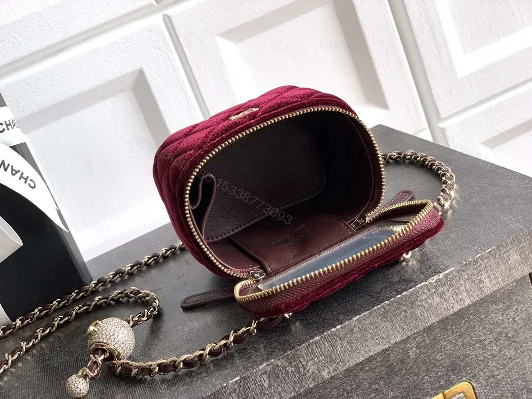 View 3 of Burgundy Velvet Chain Bag with Gold Accents, Compact Luxury
