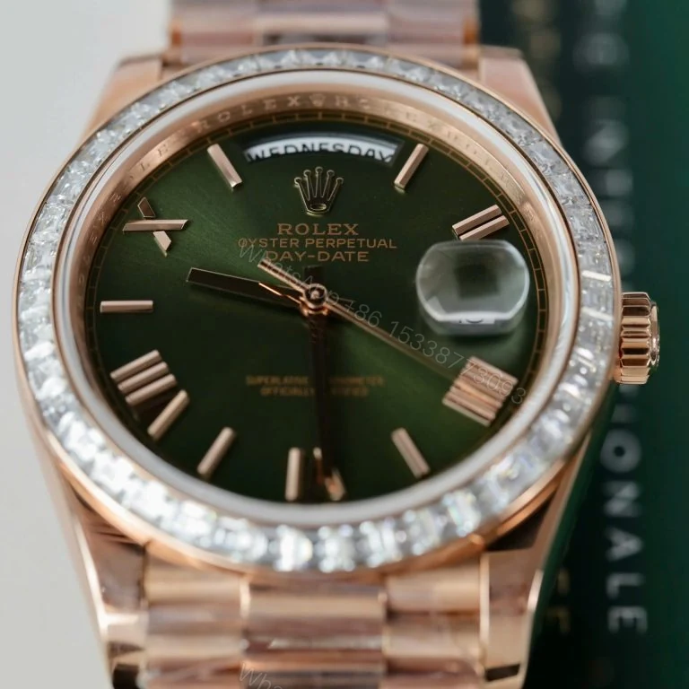 View 2 of Rolex Day-Date 40mm Super Clone Green Dial Gold Wrapped + Moissanite Baguette Diamonds