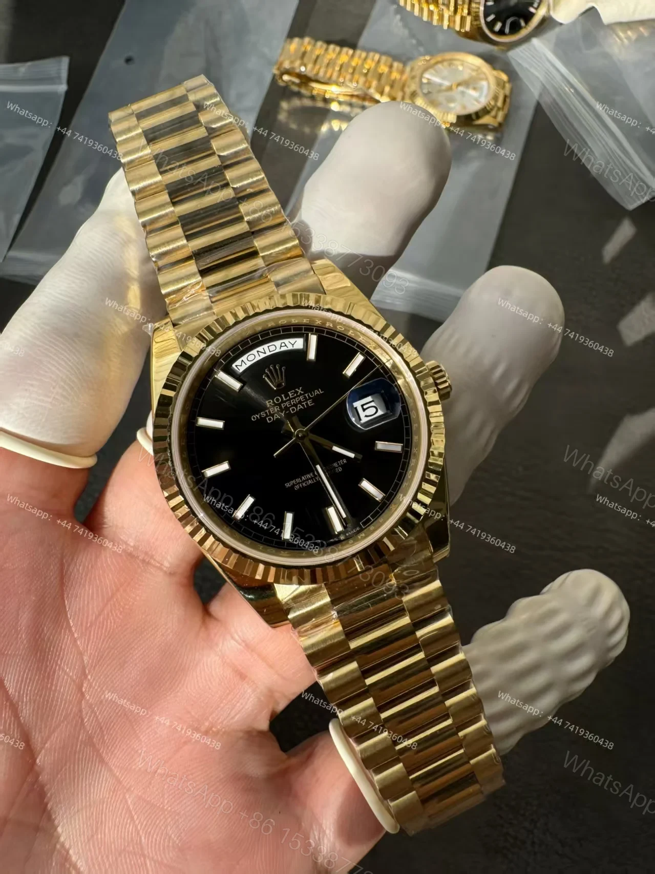 View 10 of Rolex Day-Date M228238-0067 1:1 Replica Gold Black Dial 40MM 3255 Movement Presidential Bracelet Super Clone Watch