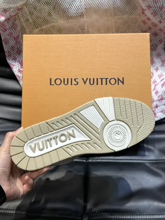 View 5 of White Leather Sneakers with Gold Accents, Perforated Toe, LV Logo
