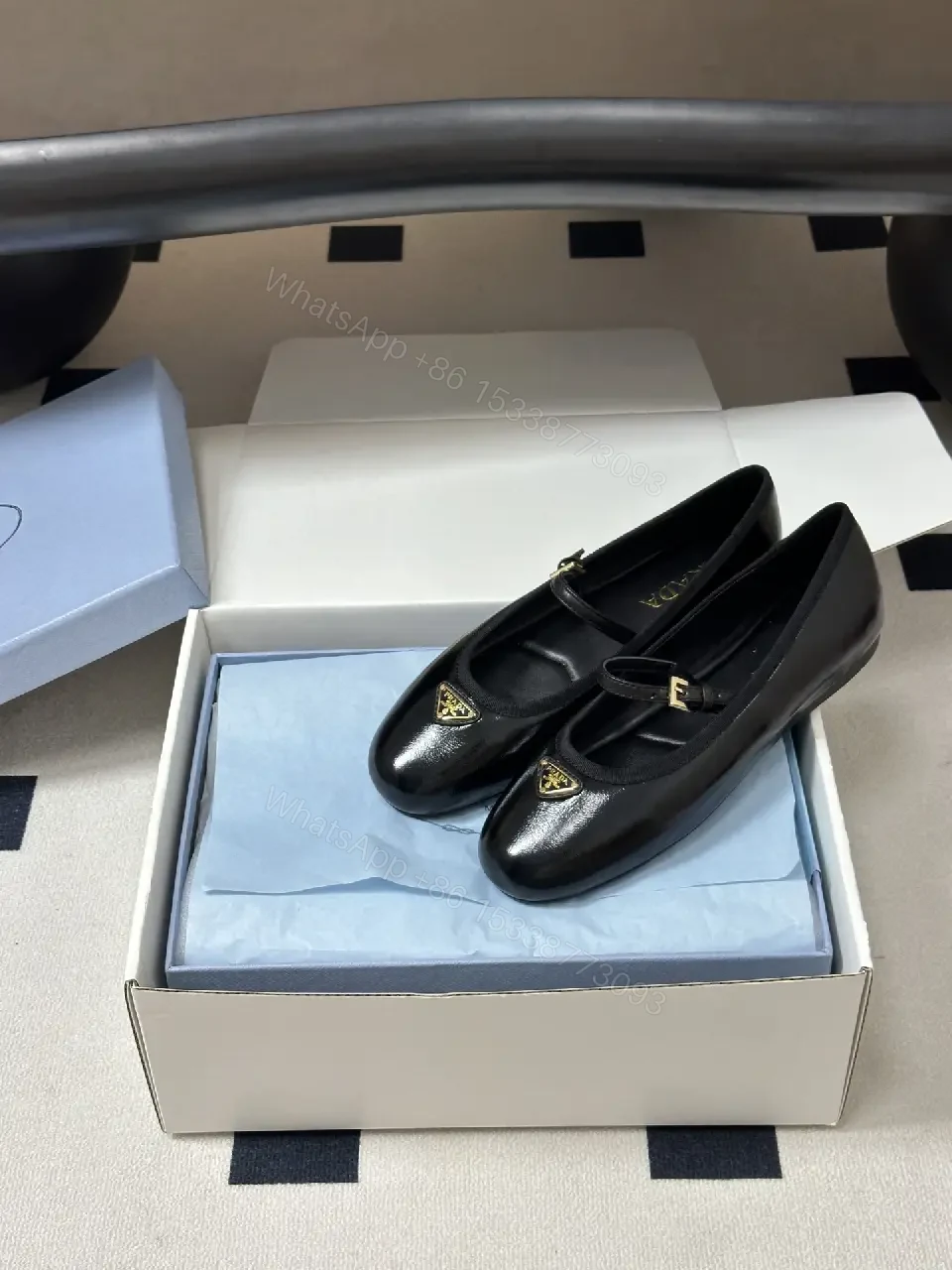 View 8 of Black Leather Ballerinas Prada Logo Classic Style Gossamer Comfort Shoes