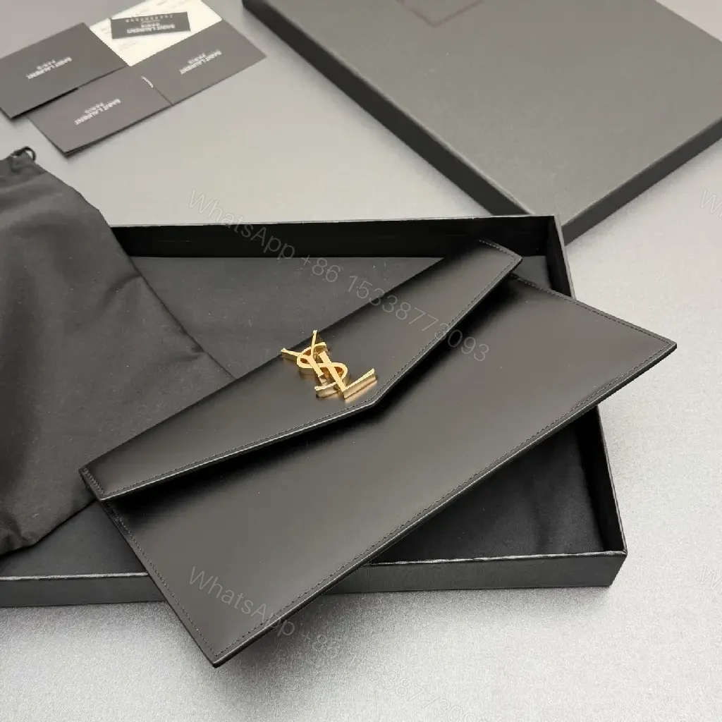 View 2 of Minimalist Leather Clutch with Gold Hardware, Envelope Style