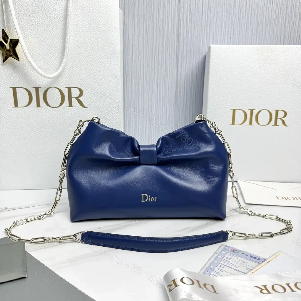 Elegant Navy Textured Bag with Bowed Chain - Luxury Everyday Tote — view 1