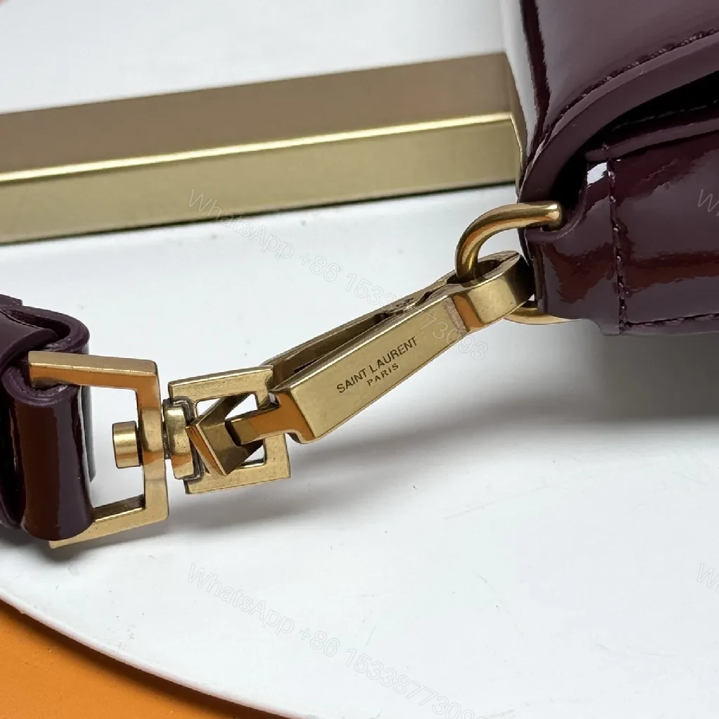 View 7 of Glossy Burgundy Velvet-Patent Mini Bag with Gold Hardware