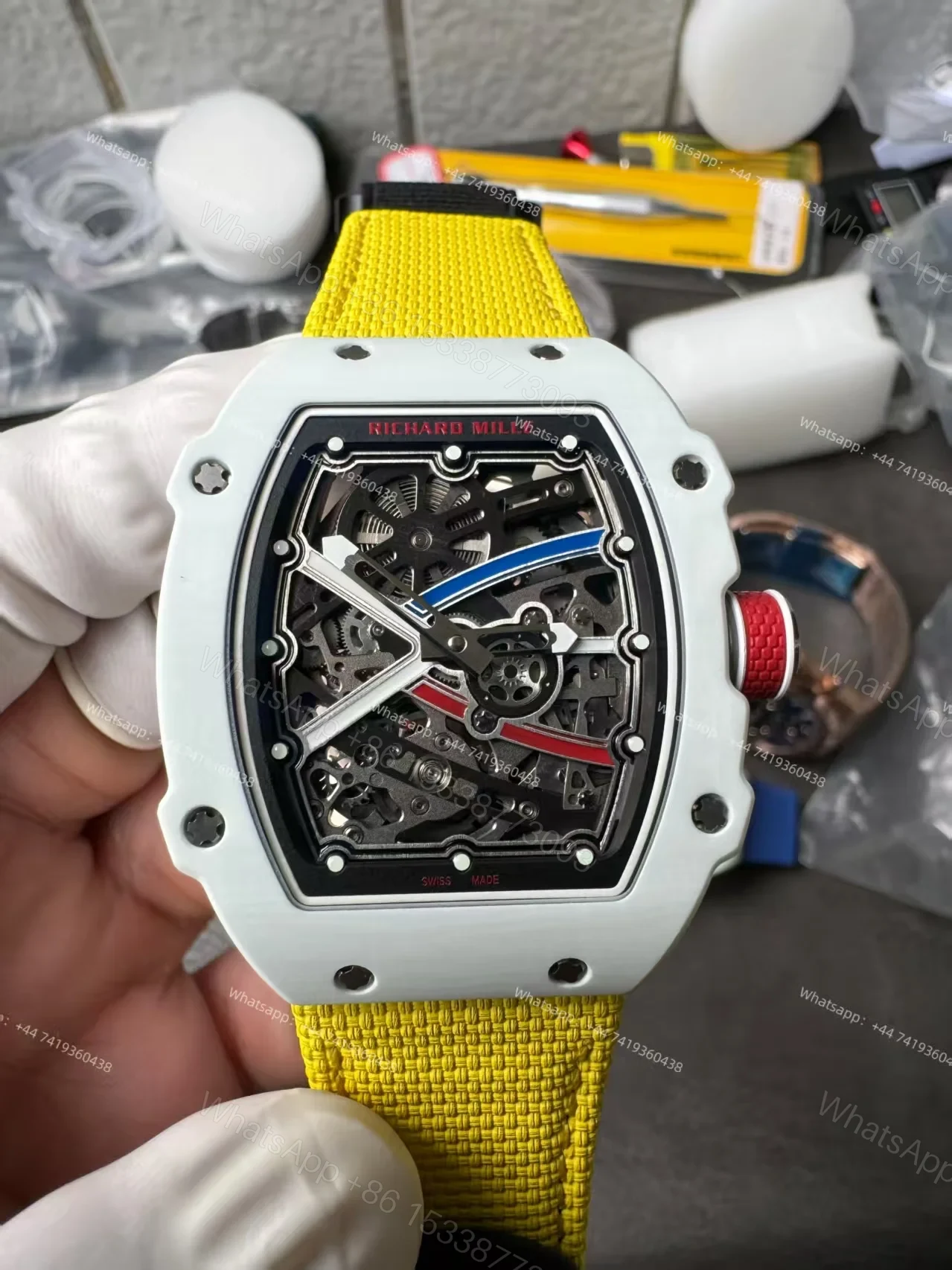 View 2 of Super Clone Richard Mille RM67-02 White Ceramic Skeleton Tourbillon 1:1 Replica Watch with Yellow Strap