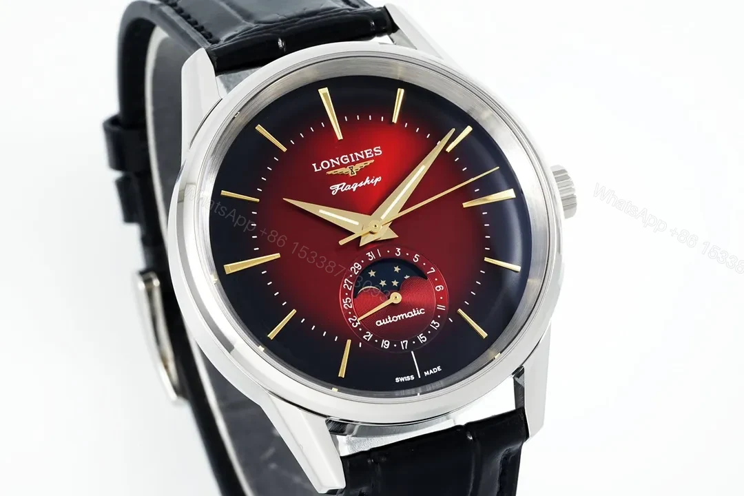 View 2 of Longines Flagship Classic Red Dial Moon Phase Automatic Watch with Black Leather Strap