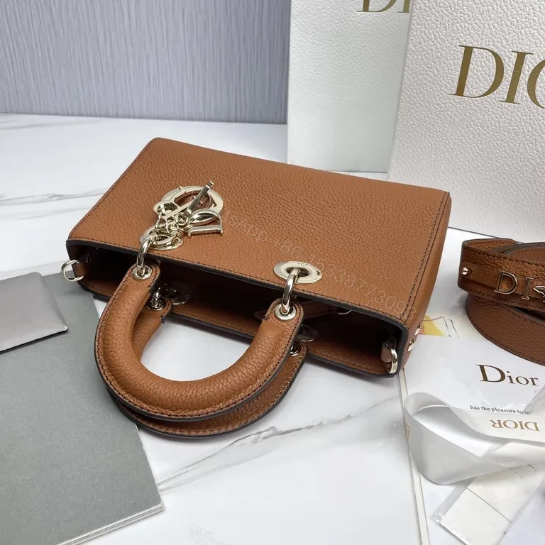 View 8 of Caramel Leather Satchel: Dior-Inspired, Convertible, Gold Charm