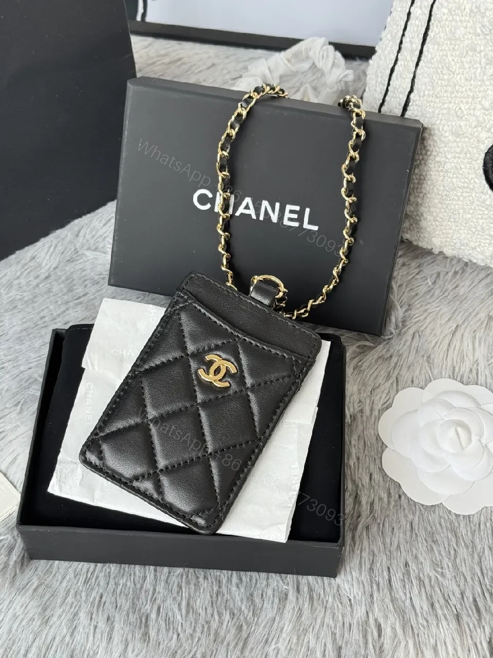 View 4 of Compact Quilted Leather Wallet on Chain with Gold Hardware