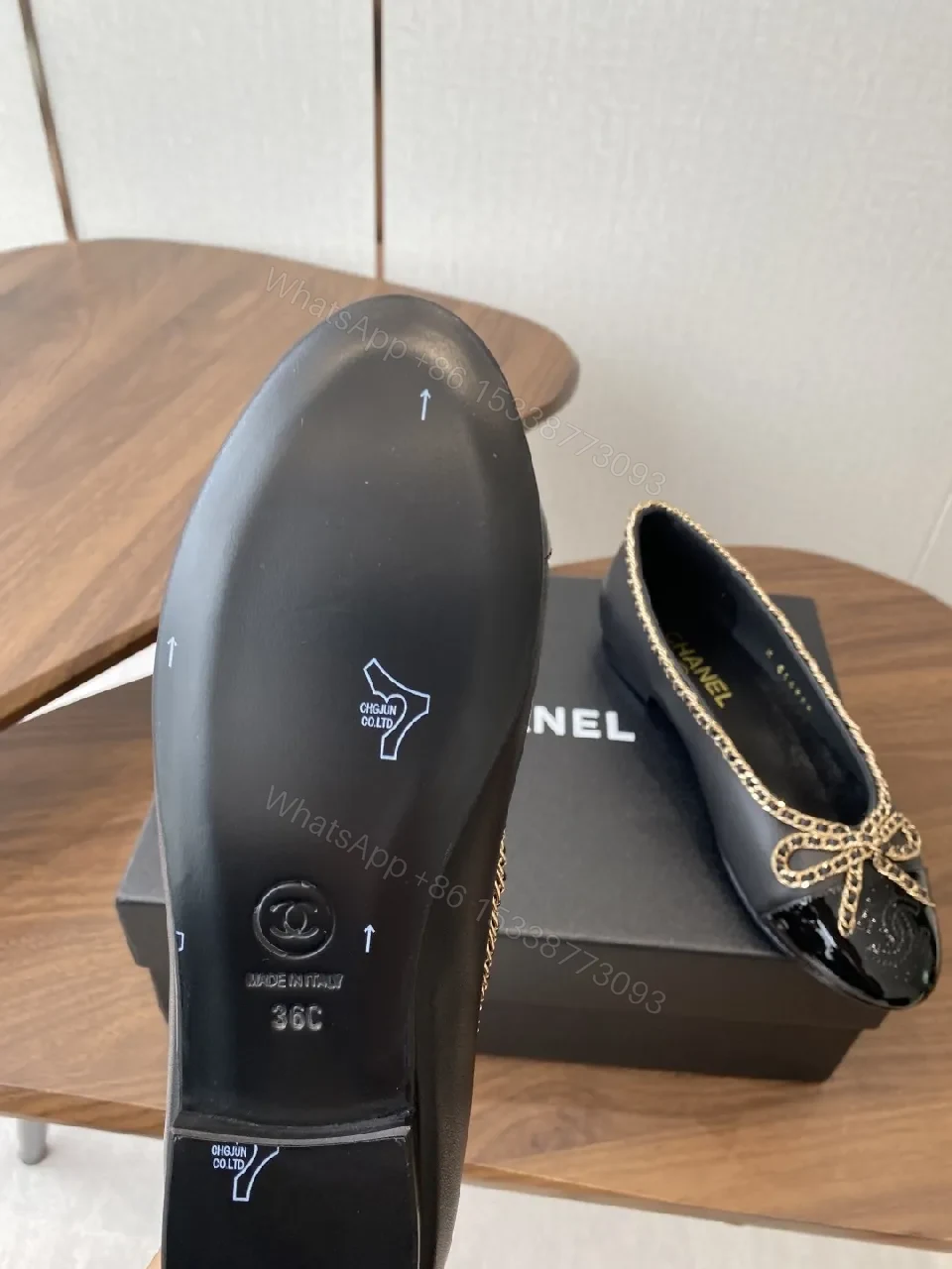View 2 of Black Leather Ballet Flats with Chain Bow Accent - Luxe Style