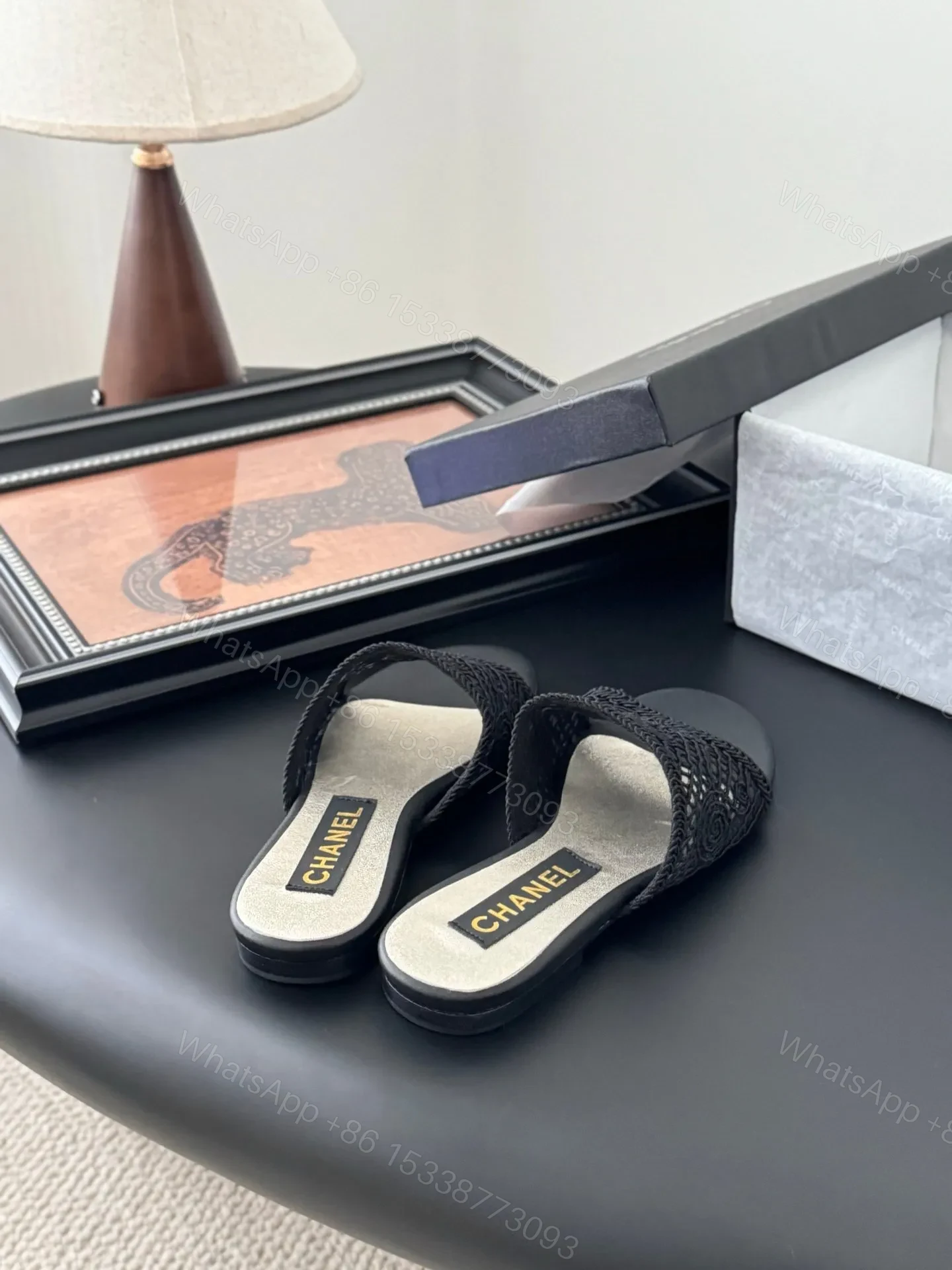 View 3 of Chanel Women Black Mesh Slide Sandals
