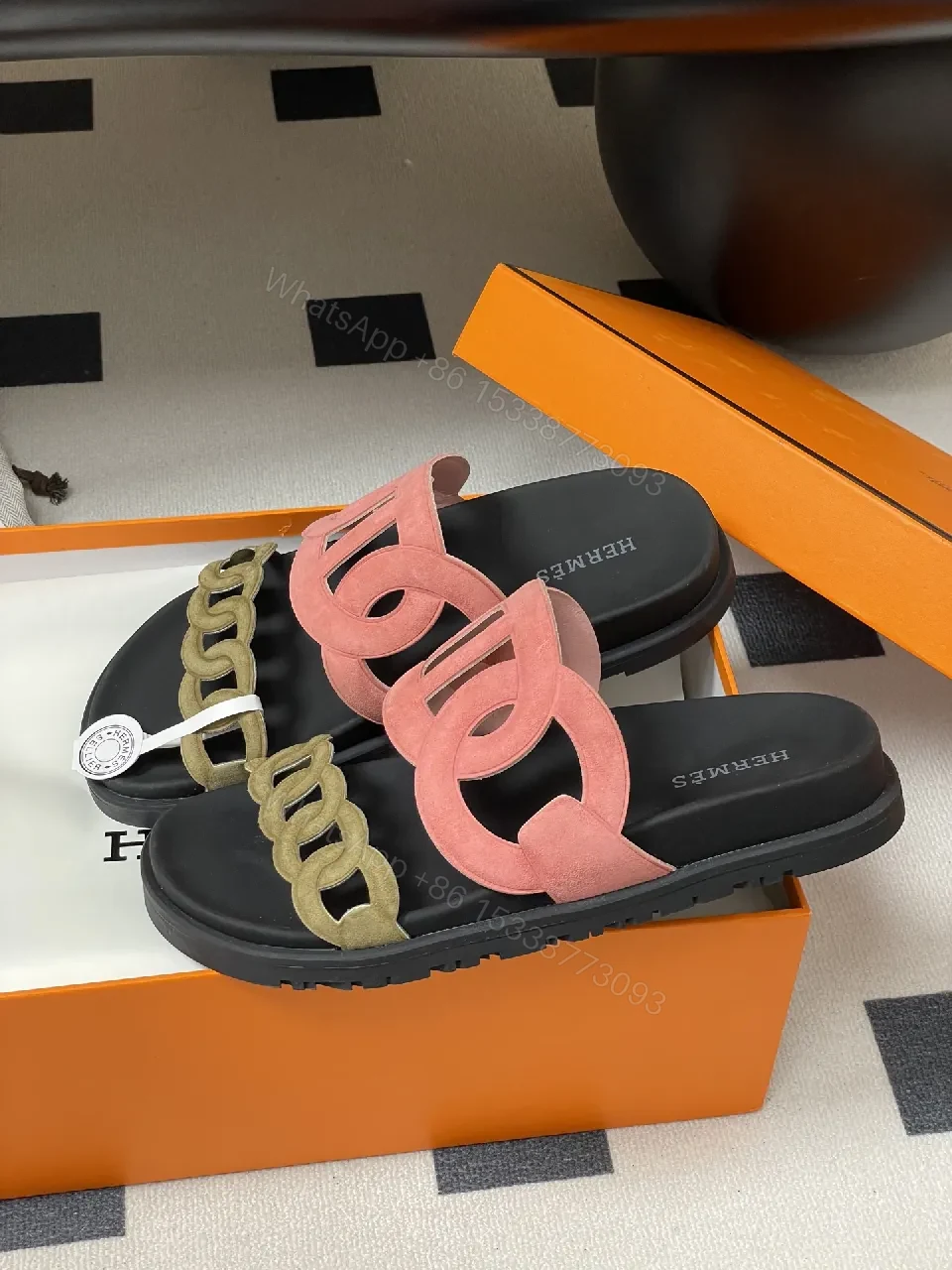 View 6 of Soft-Statement Sandals with Chain Straps: Pink & Beige Suede Style