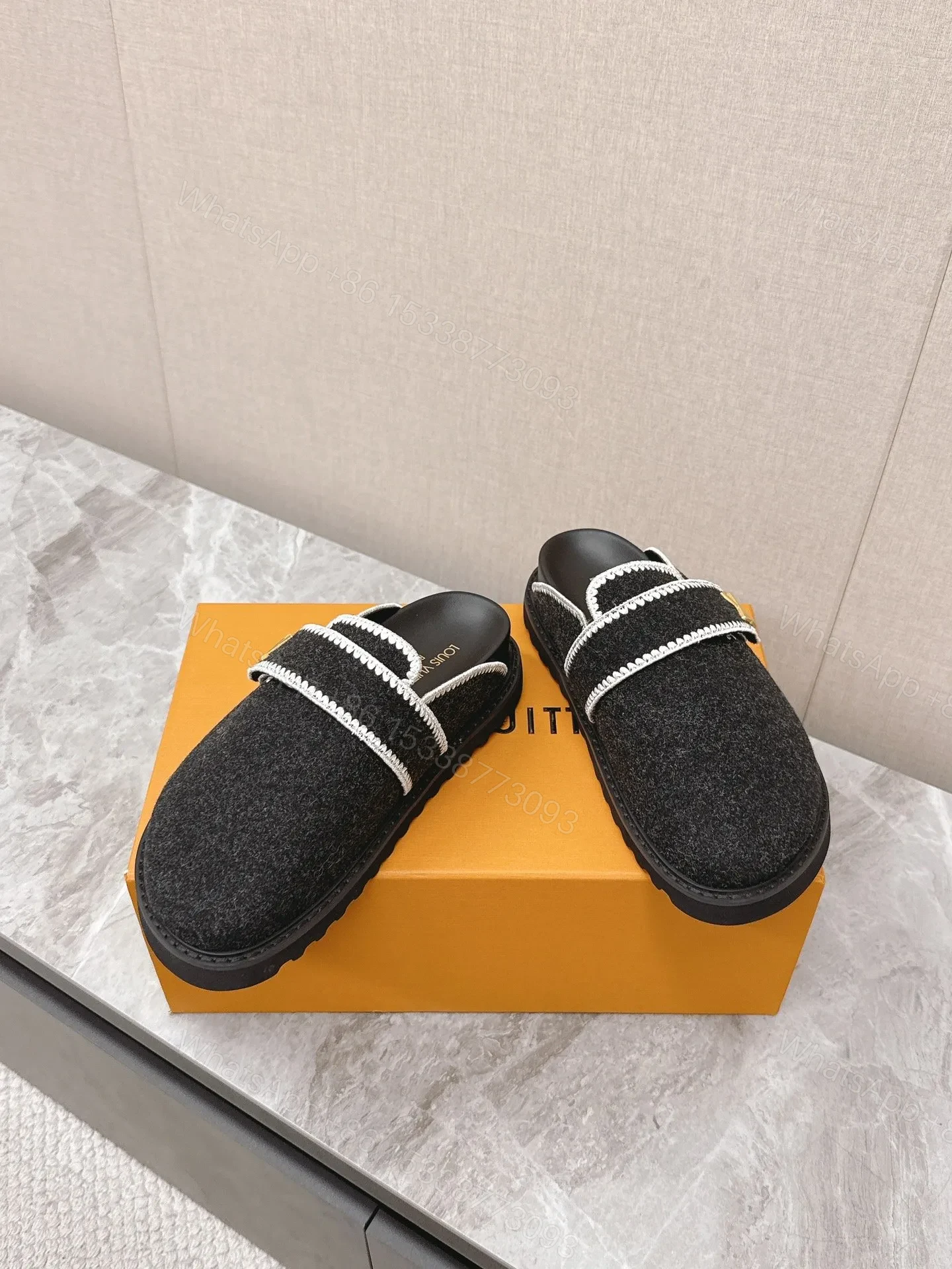View 6 of LV Women Black Felt Leather Trim Mules