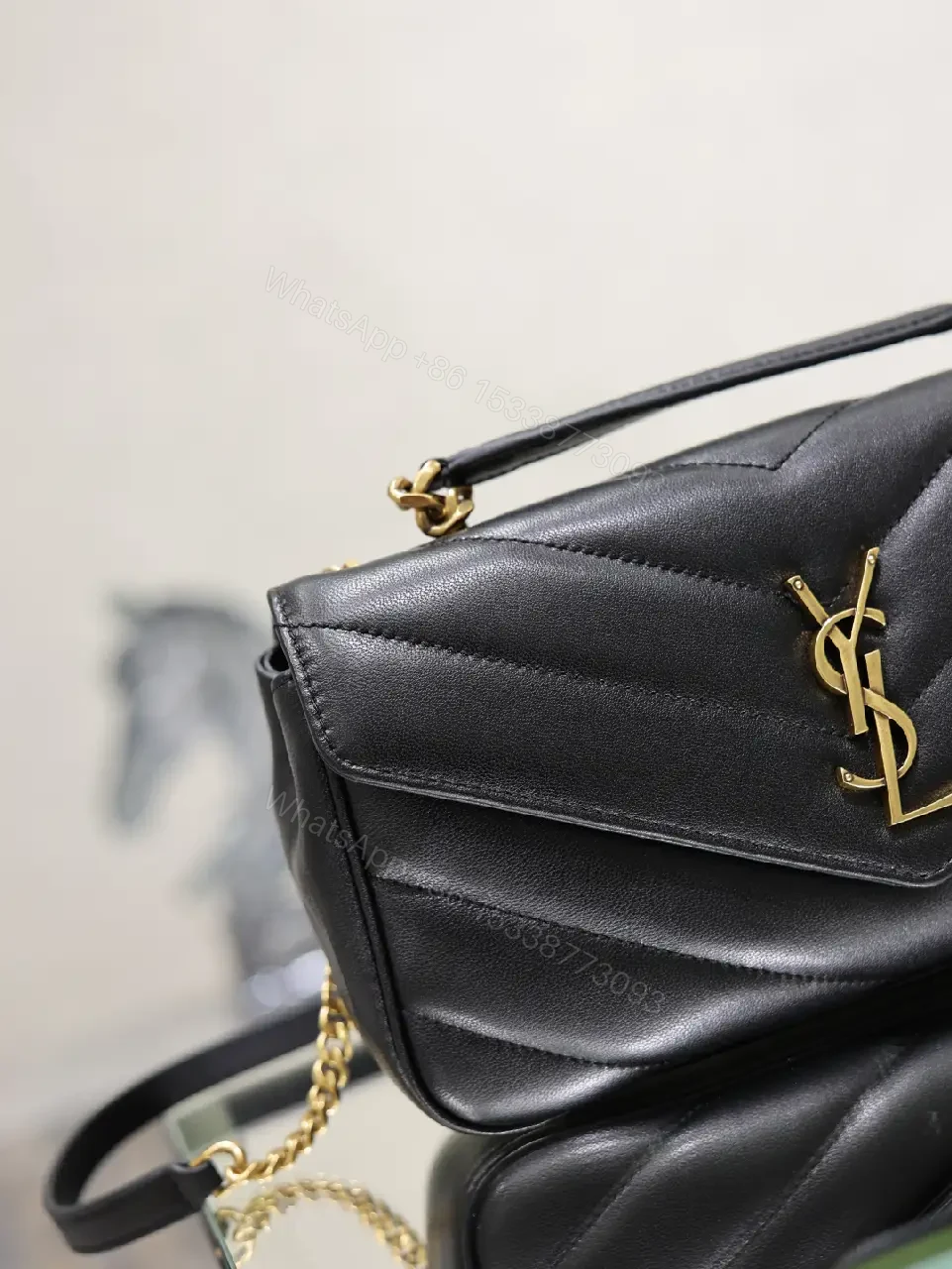 View 3 of Black Leather Structured Shoulder Bag Envelope Flap with YSL Logo Product Type