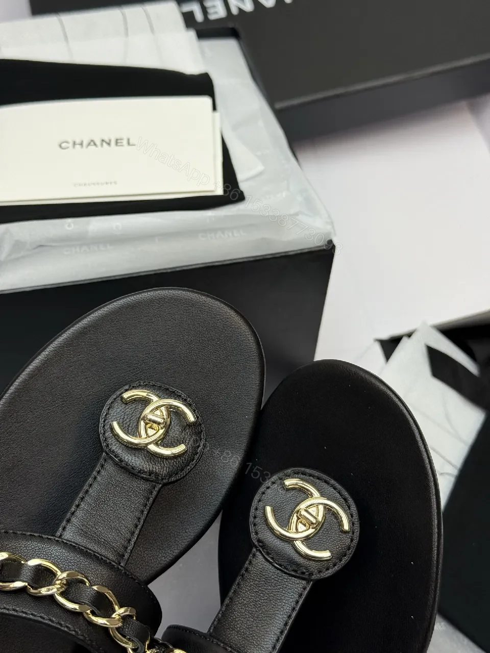 View 8 of Black Leather Chain Sandals, Gold-Tone Detail, Open-Toe, Comfort
