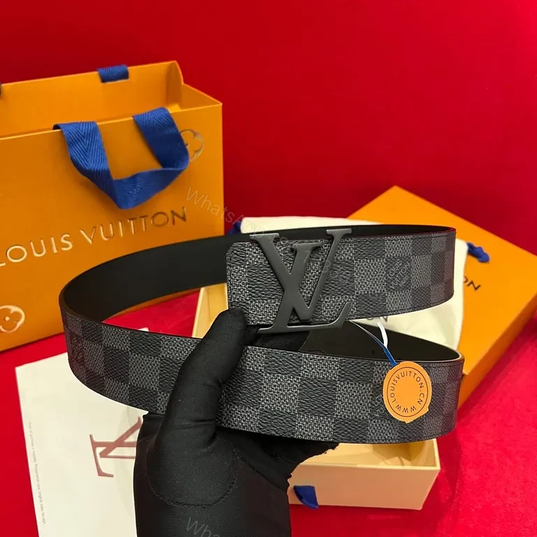 View 3 of Chic LV-Pattern Leather Belt with Signature Buckle
