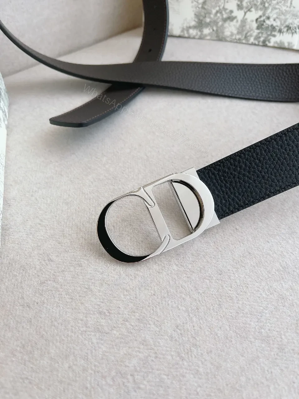 View 4 of Black Leather Double-D Ring Belt - Premium Texture