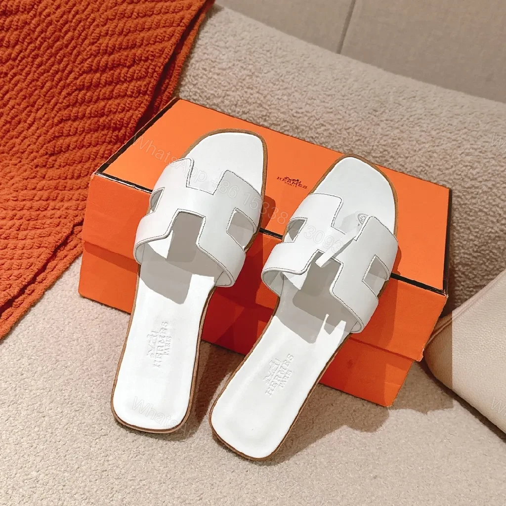 View 9 of White Leather H-Cutout Sandals - Premium Open-Back Slides