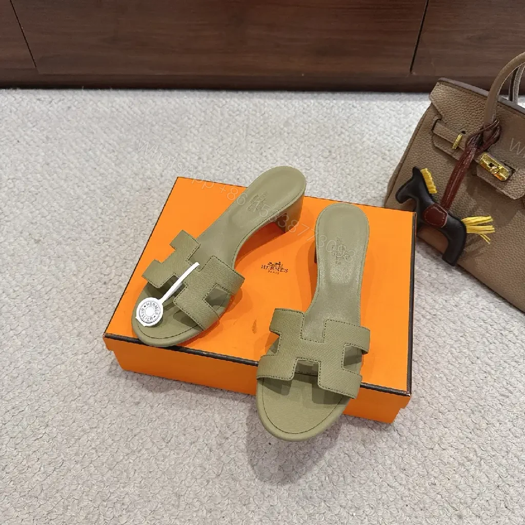 View 7 of Olive Green Leather H-Style Sandals Hermès Style Slide