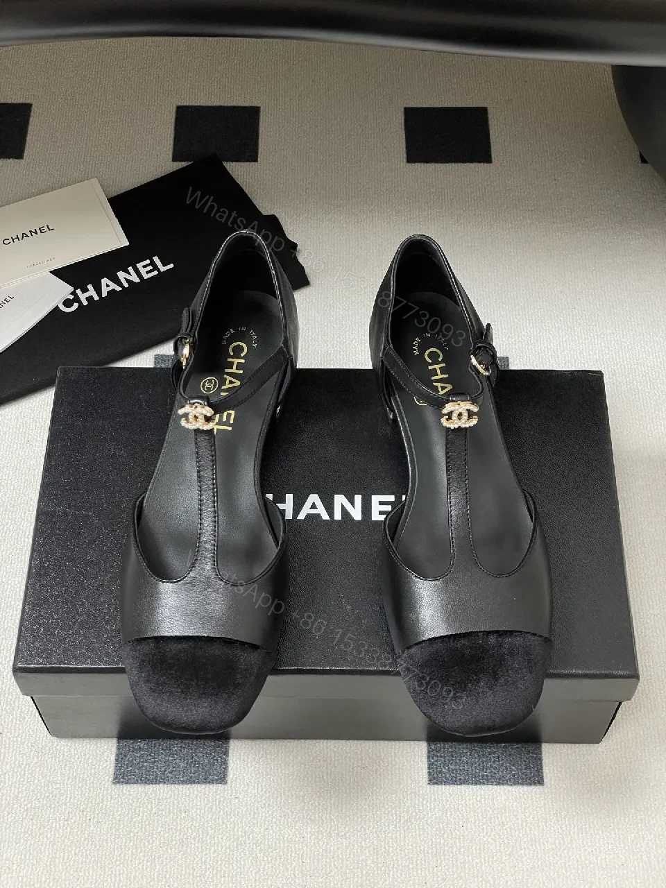 View 7 of Chic Black Suede T-Strap Pumps with Pearl Clasp