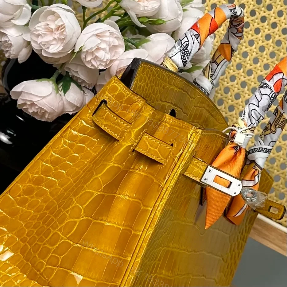 View 5 of Hermes Birkin 25cm Amber Yellow Crocodile Leather Silver Hardware