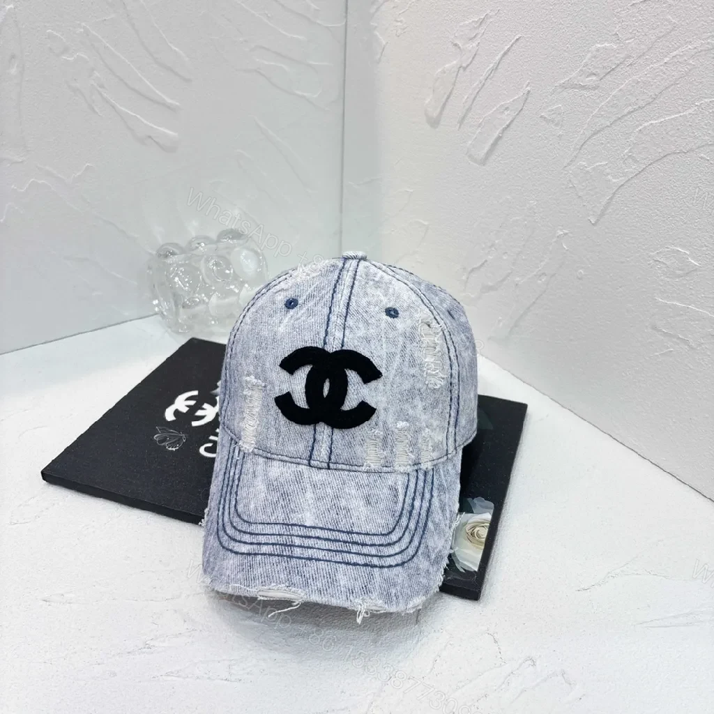 View 3 of Distressed Denim Logo Cap â€“ Tonal Chanel-Inspired Style