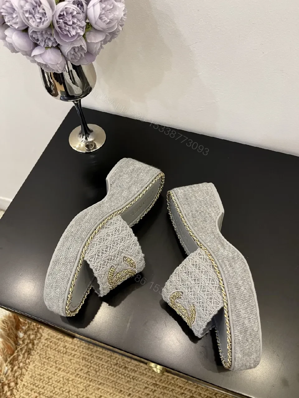 View 4 of Neutral Textile Slip-Ons with Gold-Chain Edge
