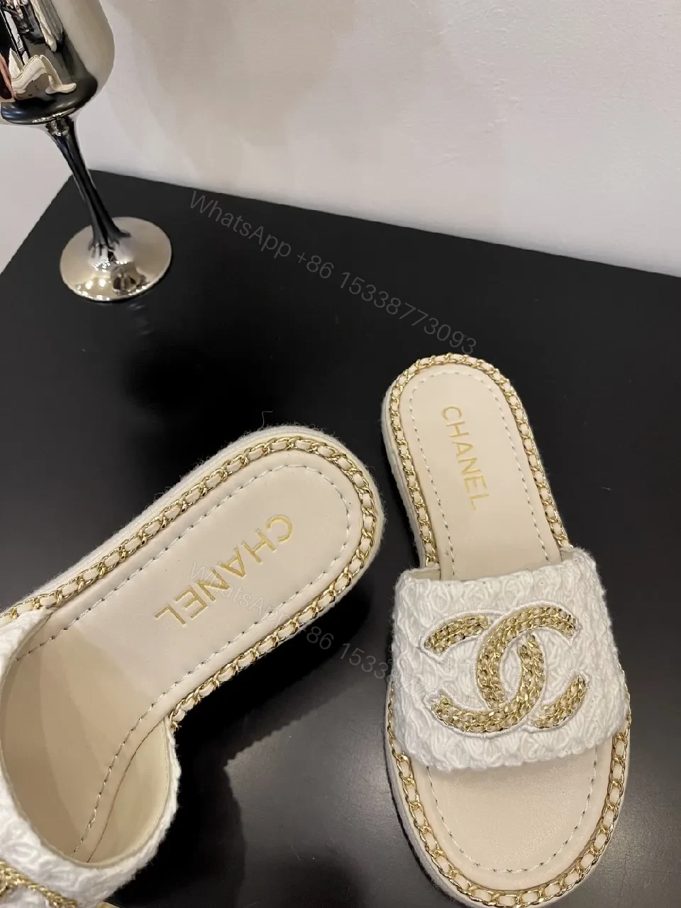 View 7 of White + Leather-like + Slip-On + Gold Chain Detail + Sandals