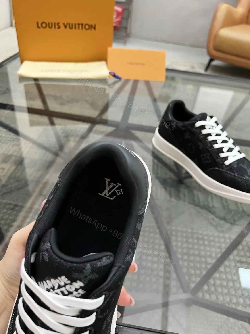 View 5 of Denim-Texture Sneakers with LV-Inspired Embroidery, All-Day Comfort