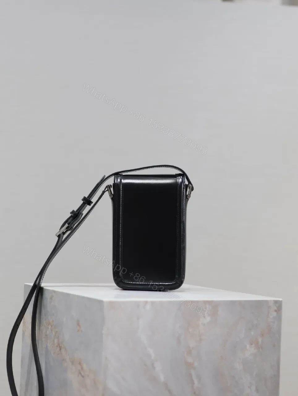 View 9 of Mini Crossbody: Black Leather, Luxe Chic, Logo Clasp, Crossbody Bag