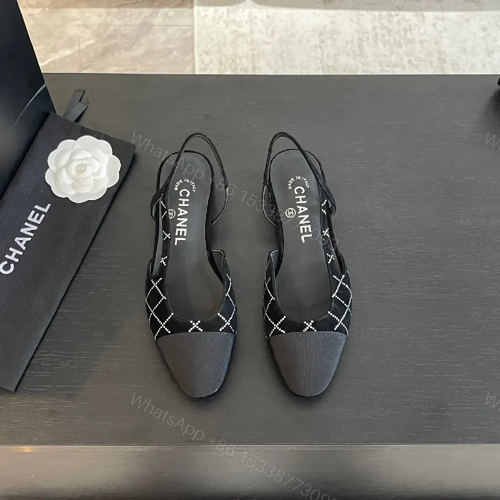 View 7 of Diamond-Pattern Black Slingback Heels | Pointed Toe, Cushioned Insole