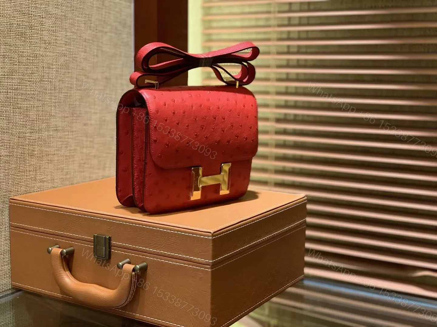View 2 of HN Rouge Vif Ostrich Constance Mini 18 gold hardware