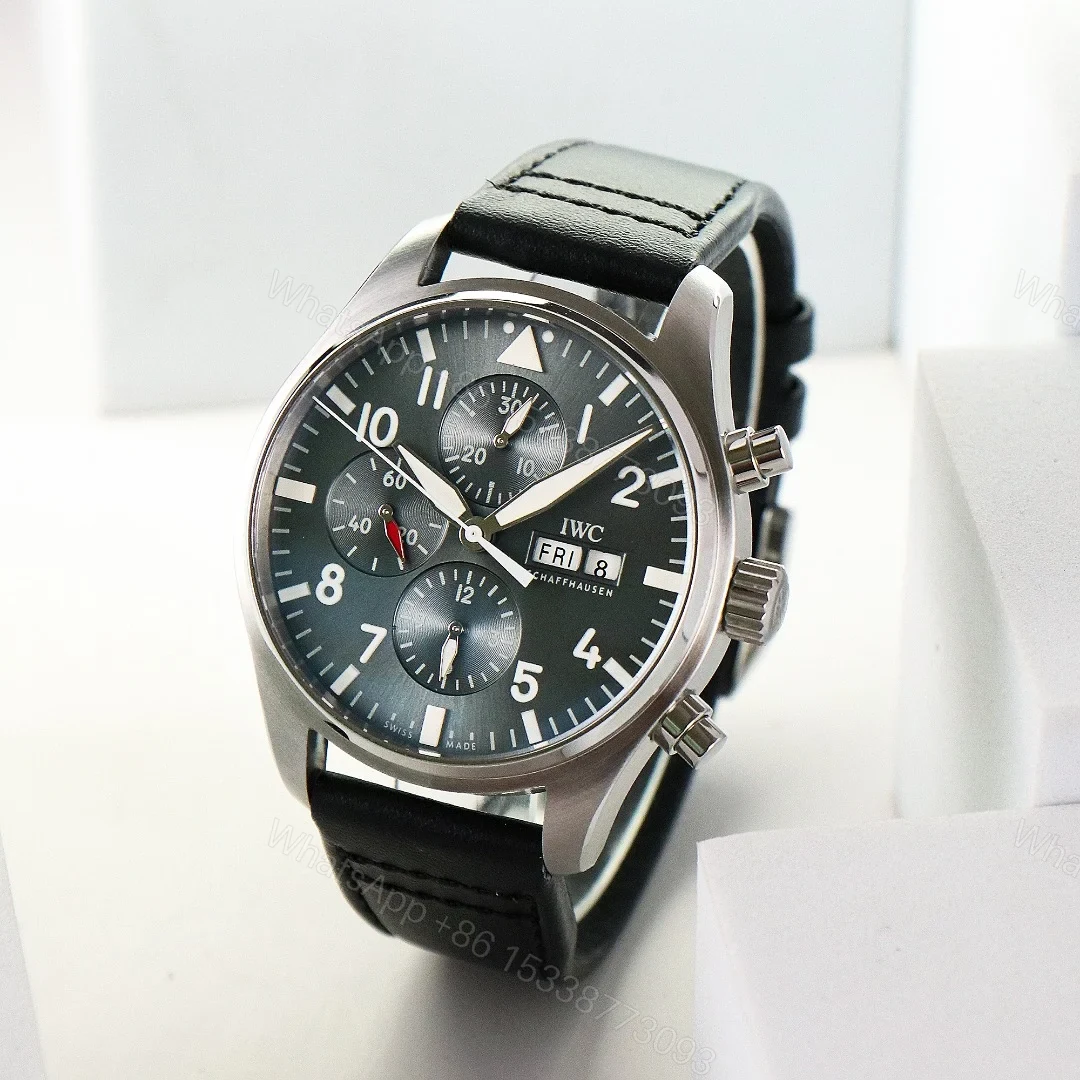 View 2 of IWC Pilot Chronograph Grey Replica 43MM Premium Black Leather Strap Edition IW378003