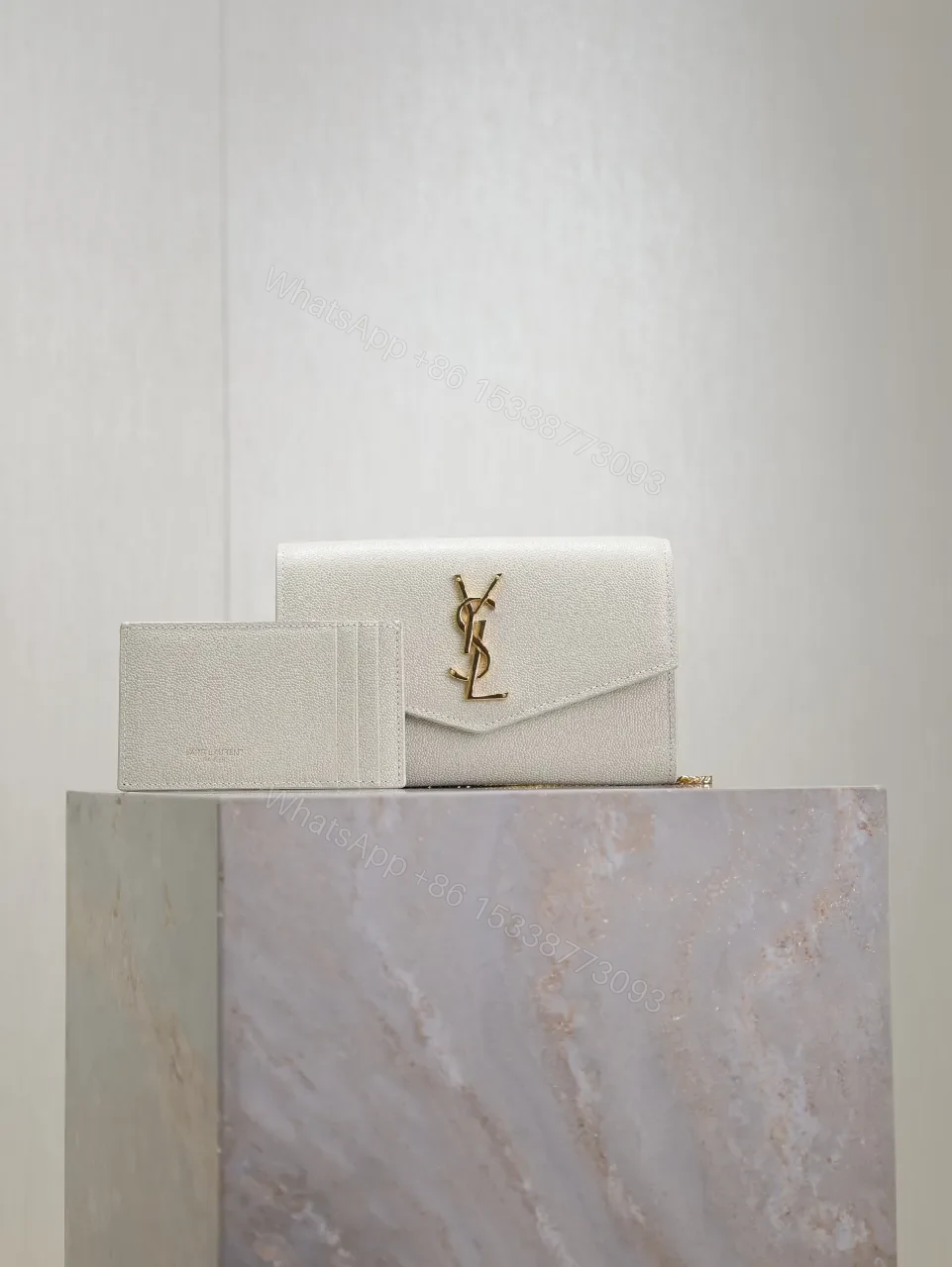 Beige Textured Wallet & Card Holder Set with Gold Logo — view 1