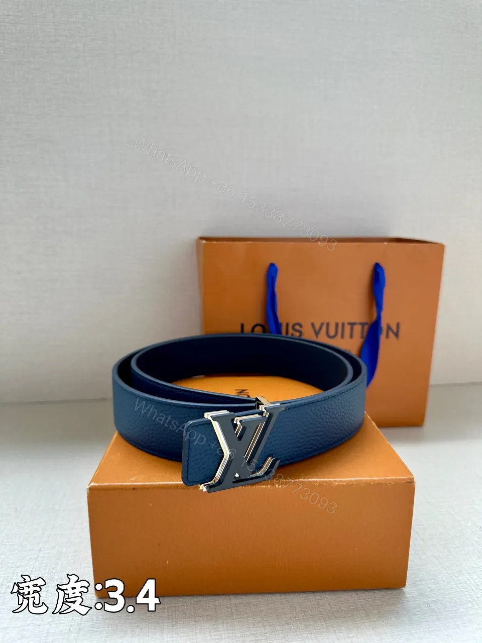 View 5 of Blue Leather Belt with LV Buckle – Modern Luxury Belt