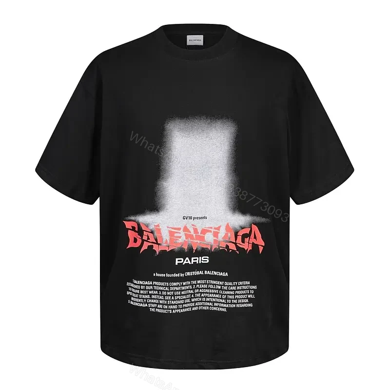 Black Cotton Streetwear Graphic Tee with Balenciaga Paris Logo — view 1