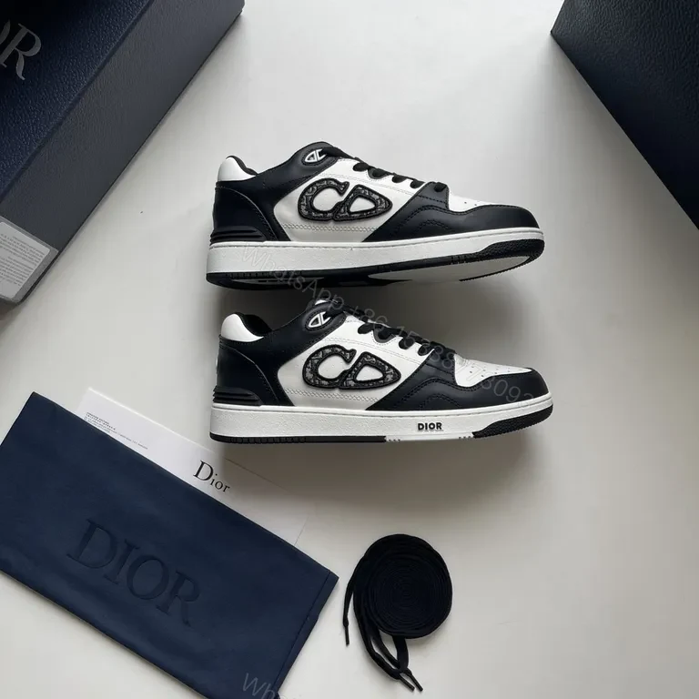 View 5 of Bold Contrast Leather Sneakers - Dior-Detail Black & White High-Impact Shoes