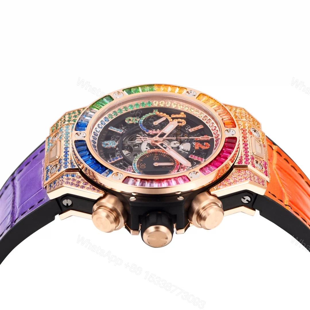 View 7 of Hublot Big Bang Rainbow Replica 45MM Premium Rose Gold Case Purple Orange Leather Strap Edition RG-HUBLOT-RAINBOW-RG-45
