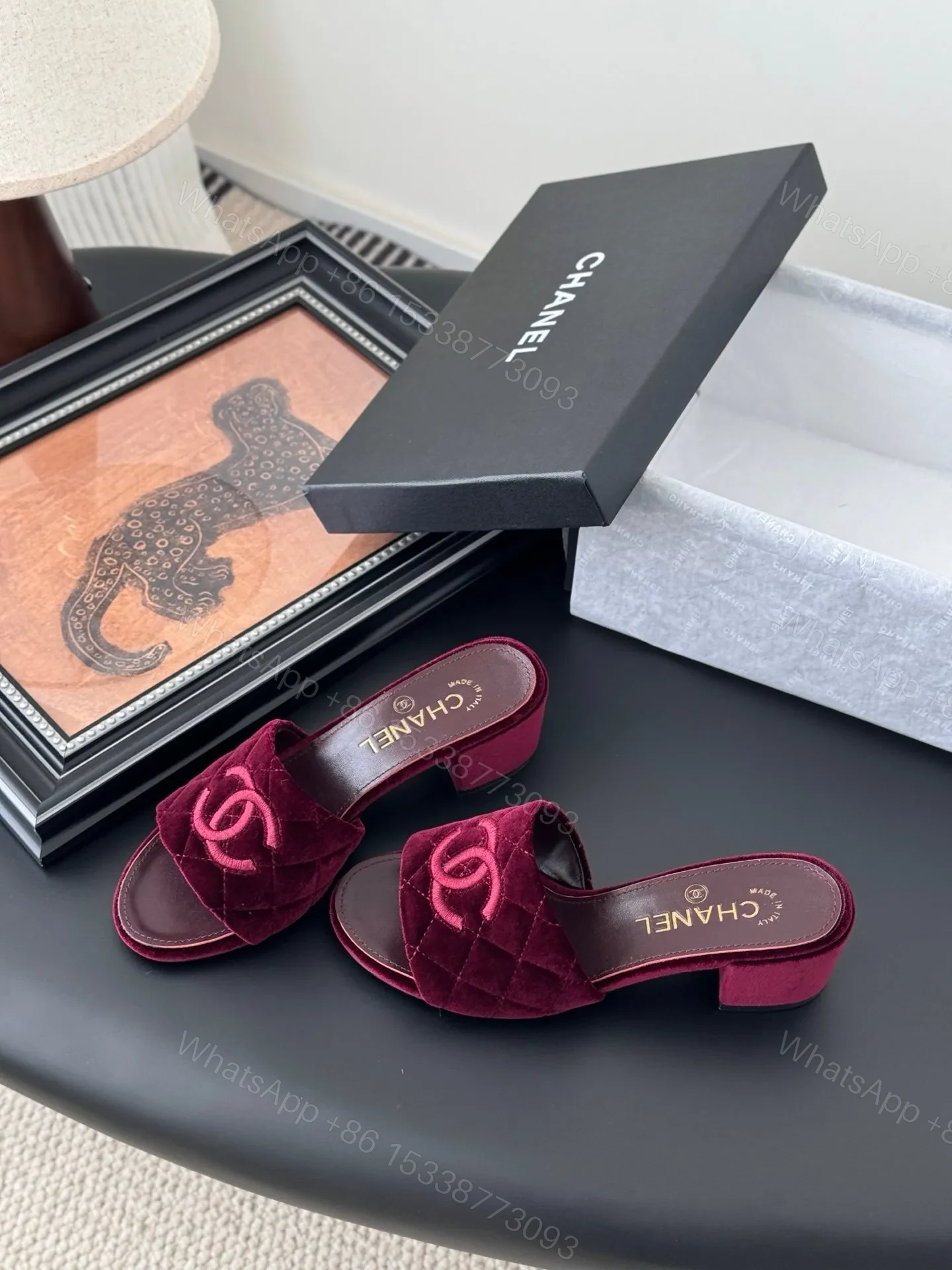 View 2 of Chanel Women Burgundy Velvet Slide Sandals