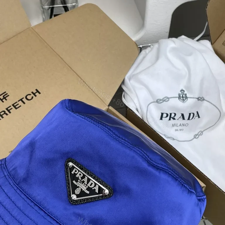 View 3 of Bold Cobalt Blue Nylon Bucket Hat â€“ Luxe Satin Finish, Prada Patch