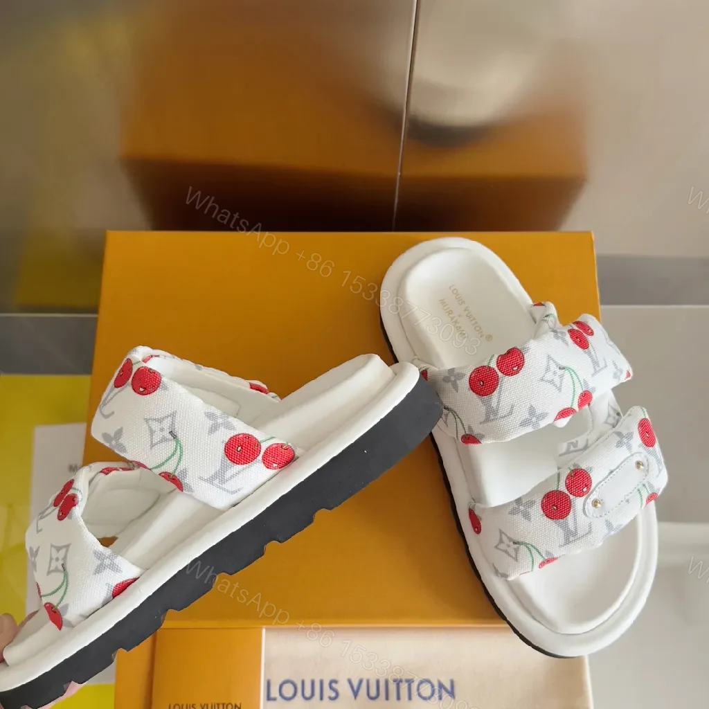 View 5 of White Canvas Cherry-Print Slides with Monogram, Velcro Strap, Comfort