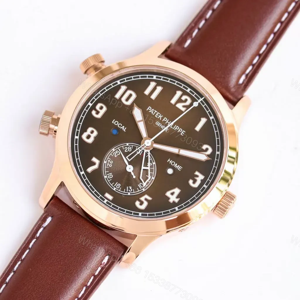 View 3 of Patek Philippe Calatrava Pilot Travel Time Watch Rose Gold with Brown Leather Strap Dual Time Zone Function Ref. 5524