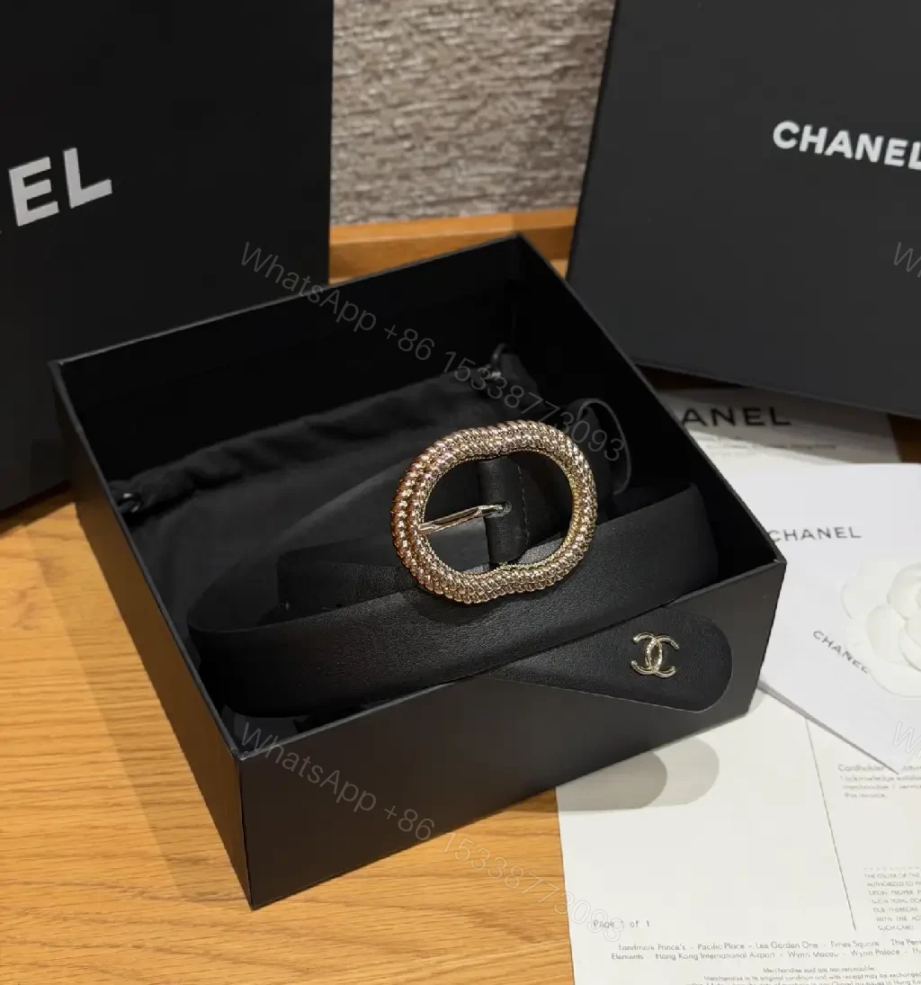 View 6 of Black Leather Belt Luxury Crystals Oval Buckle with Chanel Logo