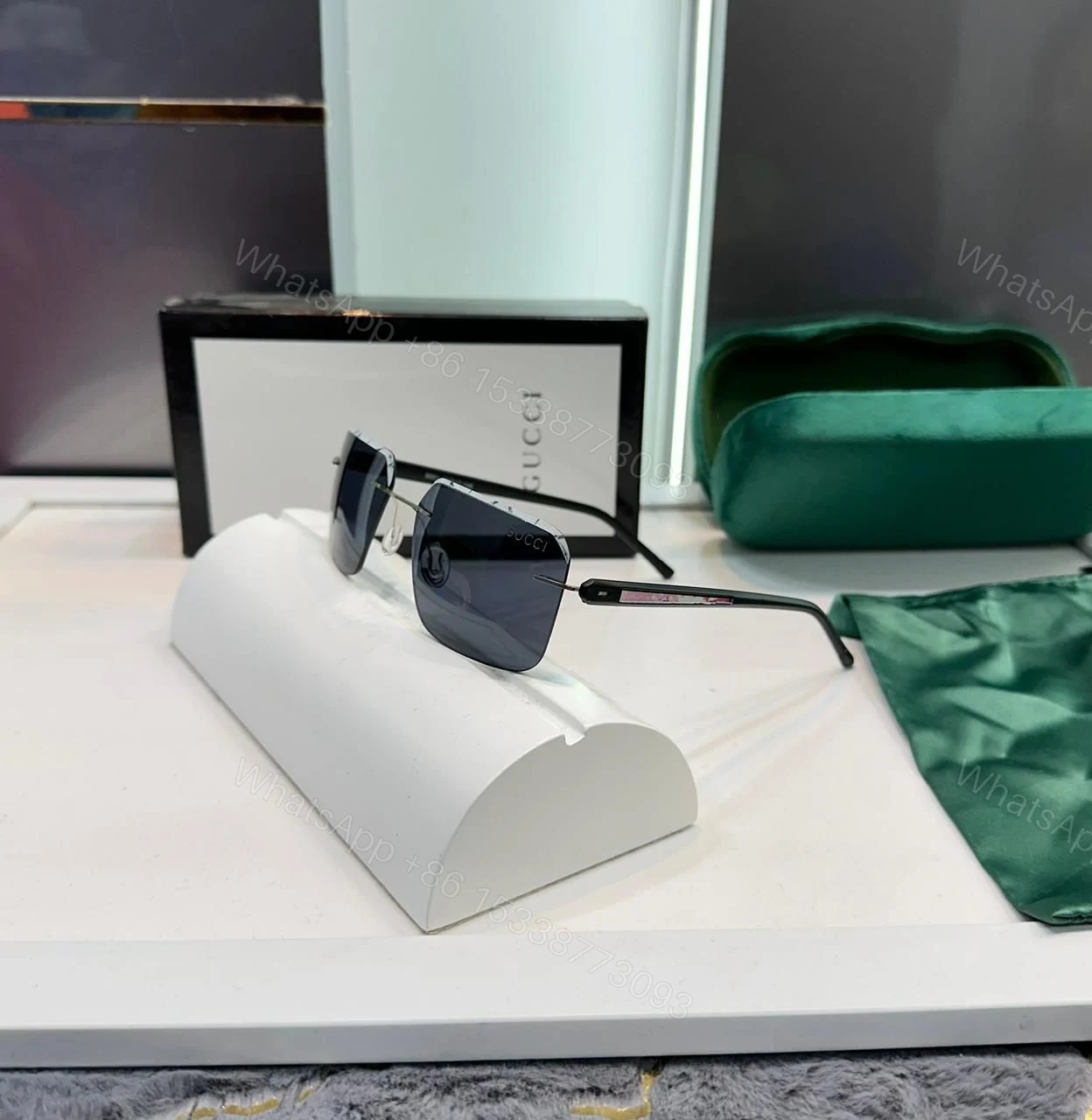 Gucci Rectangular Rimless Sunglasses Black-Silver — view 1